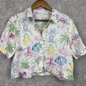 Calypso St. Barth Shirt Size Large White Print Crop Coastal Boho Linen Blend